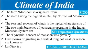 Climate of India || Indian Geography || MCQs || 50+ Important Questions for all Competitive Exams ||